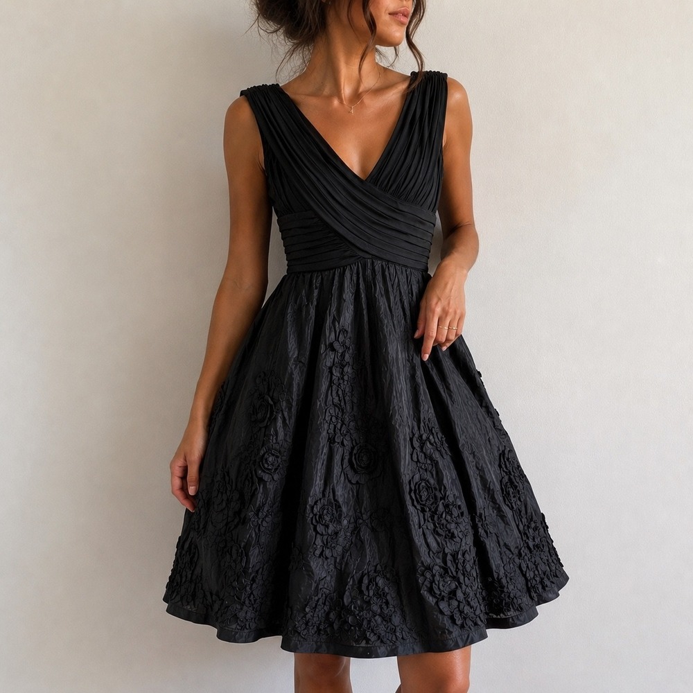 Adrianna Papell Black Taffeta Rosette Fit and Flare Cocktail Dress Size 8P Goth